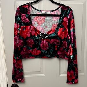 Vibrant Floral Velvet Crop Top with Heart Accent